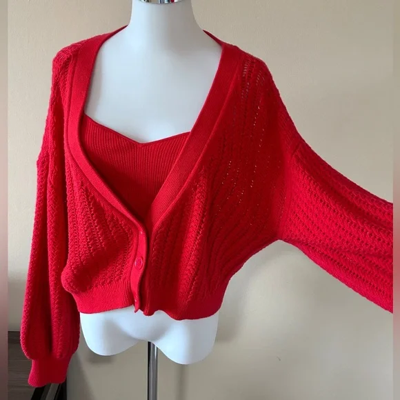Alice + Olivia Windsor Deep V Slouchy Cable Knit Cardigan in Bright Poppy (red)